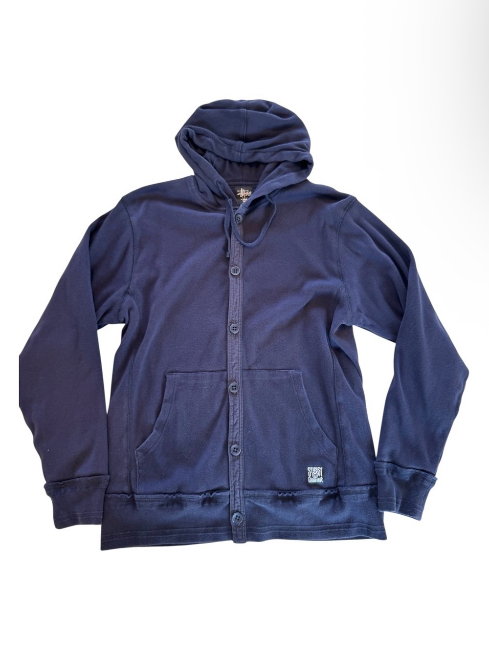 Vintage Y2K Stussy Button Up “Burly Threads” Hoodie Knit - Men’s XL - Navy Blue